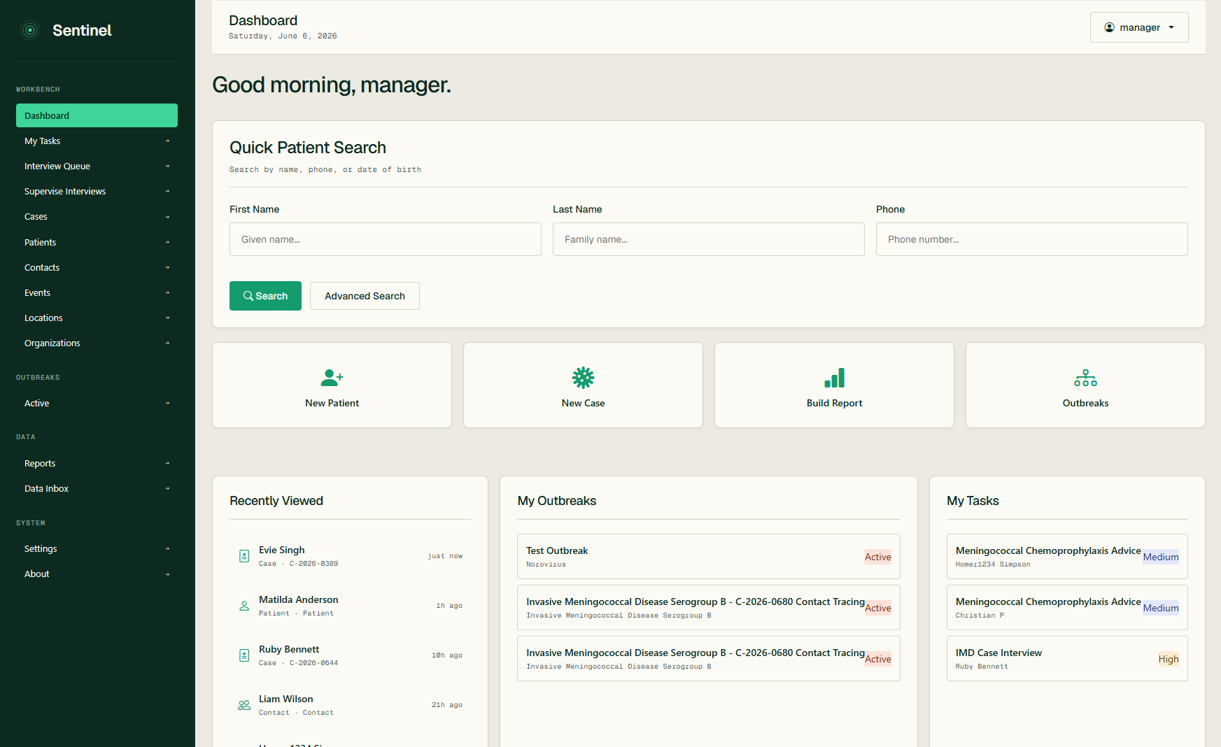 Sentinel dashboard: patient search, outbreaks and task queue