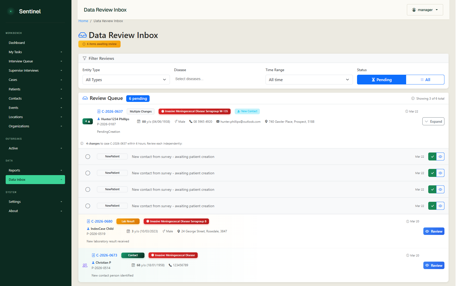 Sentinel data review inbox with items from surveys and lab feeds awaiting human review